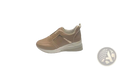 Beige suede platform sneakers with chunky white sole and subtle metallic accent panel for casual wear