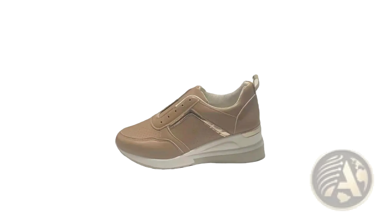 Beige suede platform sneakers with chunky white sole and subtle metallic accent panel for casual wear