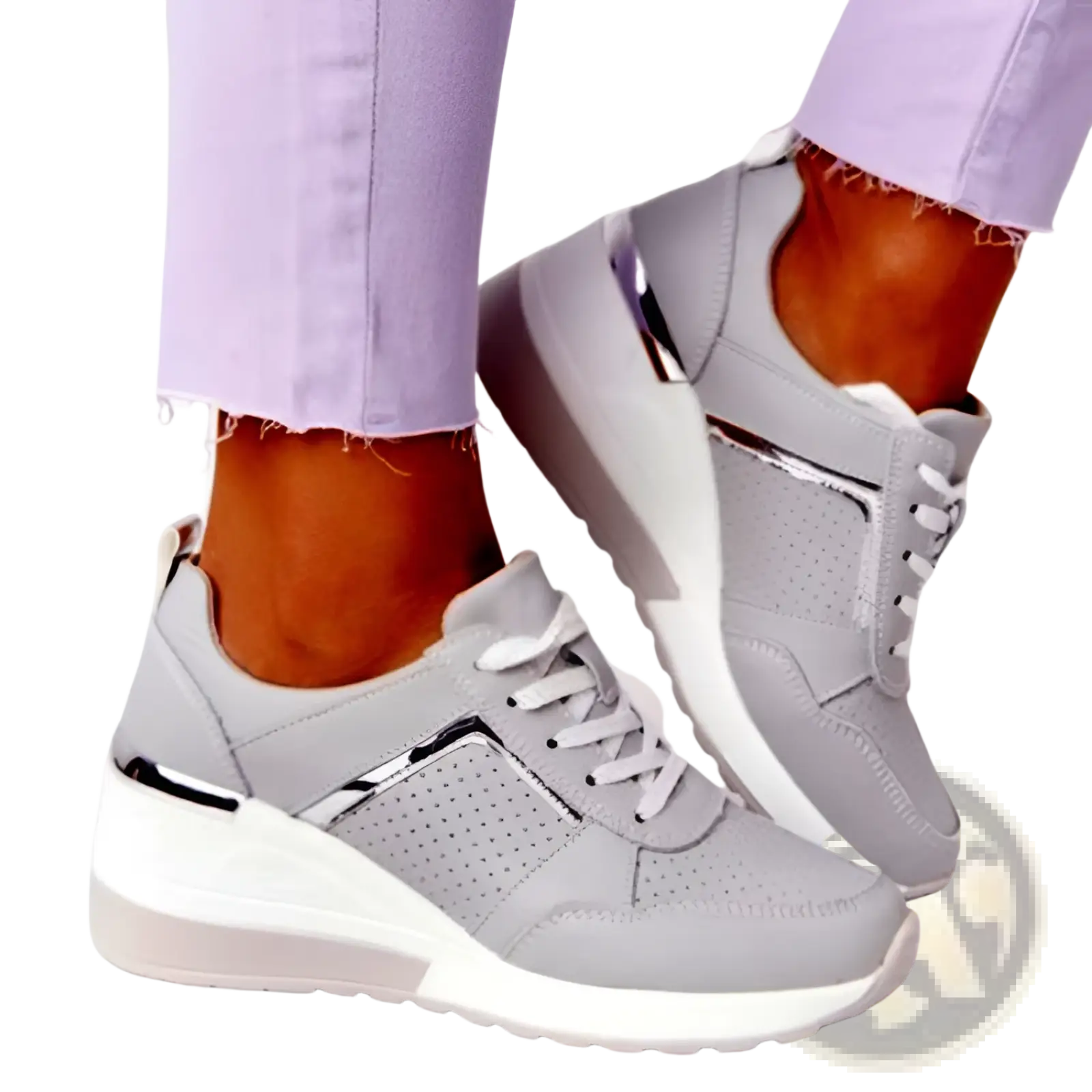 Gray platform wedge sneakers with mesh material white laces and metallic silver accents for casual wear