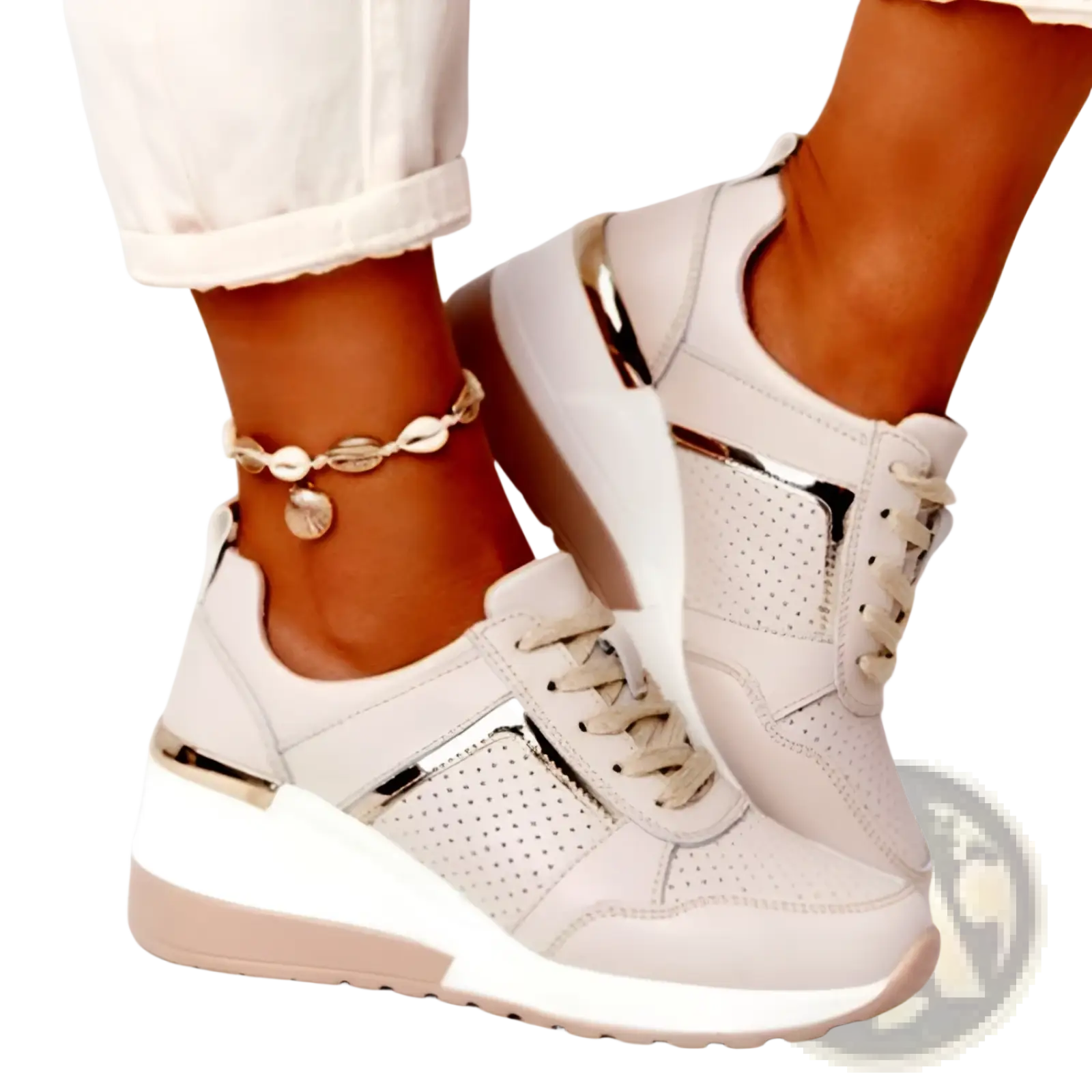 Beige platform sneakers with metallic gold accents and perforated mesh panels for casual wear