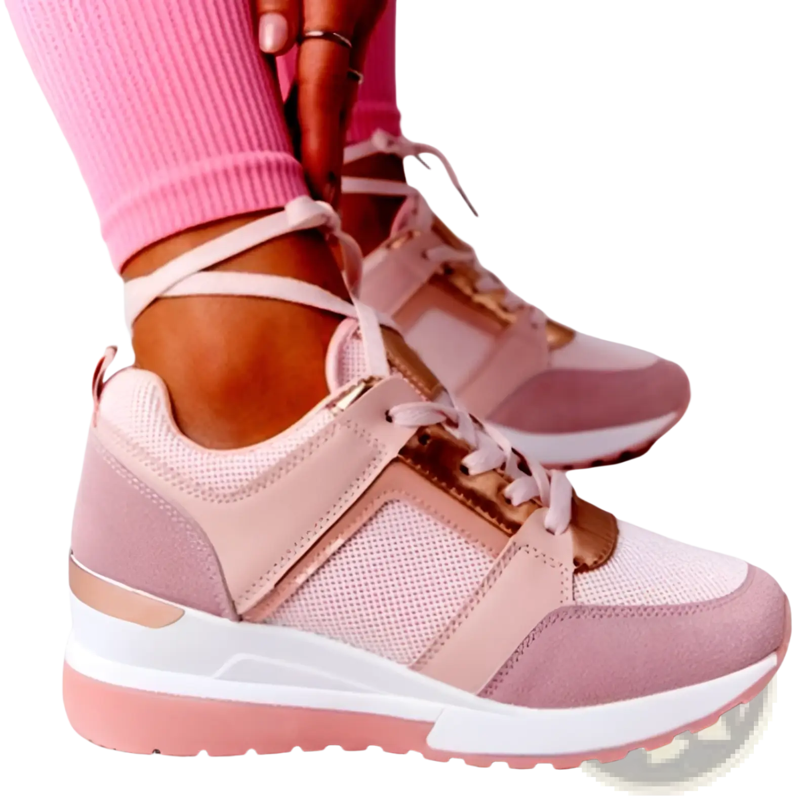 Platform sneakers mesh wedge lace up casual shoes in pink and rose gold with mesh and suede upper and white midsole