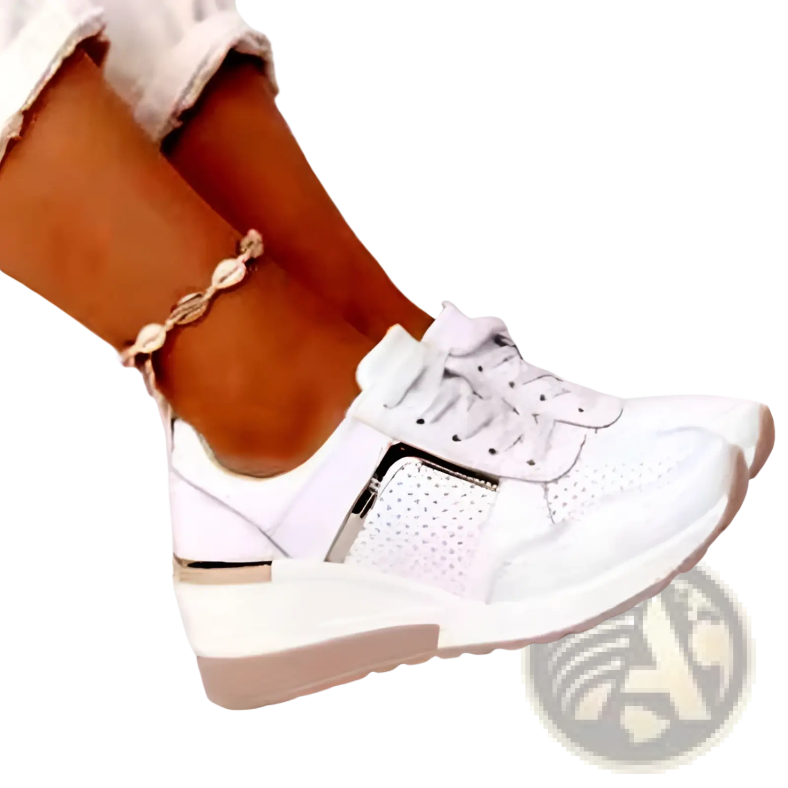 White platform sneakers with perforated mesh panels and gold tone heel accent in casual wedge lace up design back view