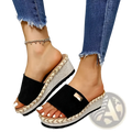 Black suede platform wedge espadrille sandals with woven heel and metallic rectangular buckle detail