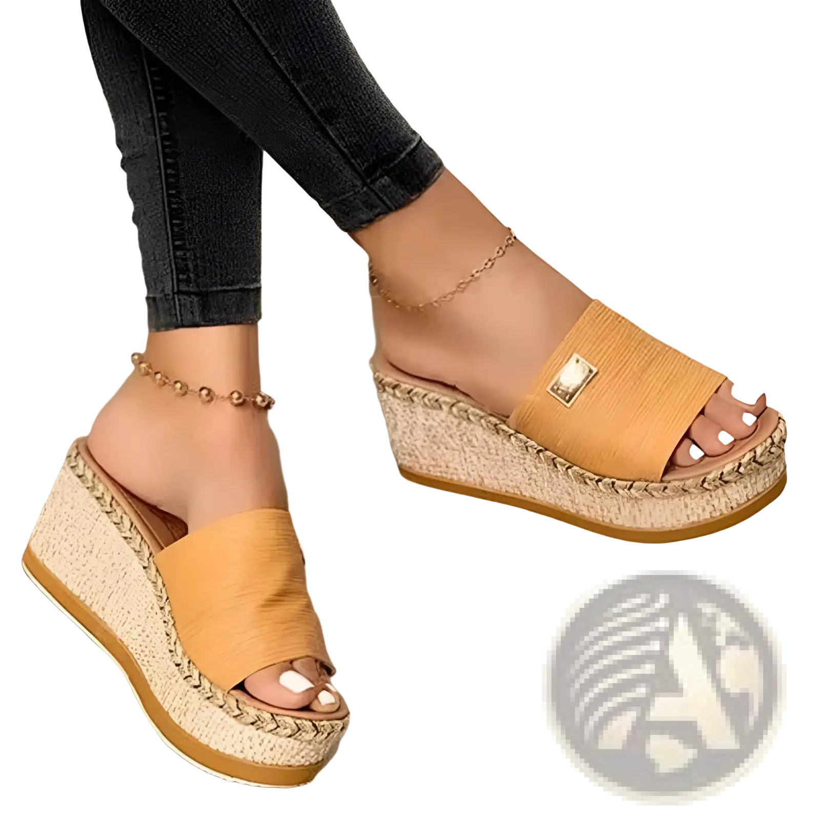 Tan platform wedge espadrille sandals with woven rope trim and gold-tone rectangular buckle detail
