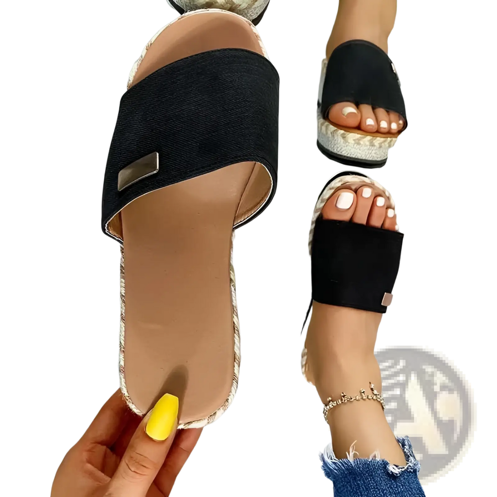 Platform wedge espadrille sandals in black suede with woven sole and metallic accent plate and buckle detail
