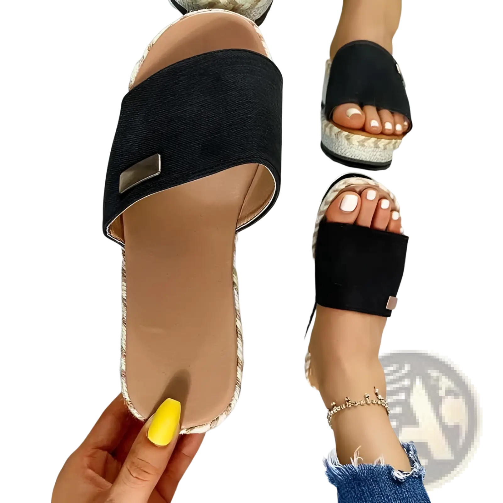 Platform wedge espadrille sandals in black suede with woven sole and metallic accent plate and buckle detail