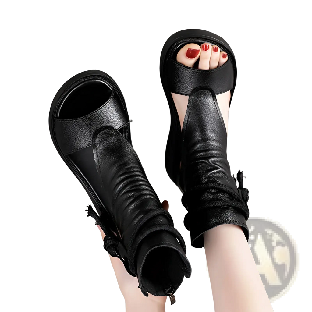 Black leather platform wedge sandals with textured distressed finish and decorative frayed straps peep toe design