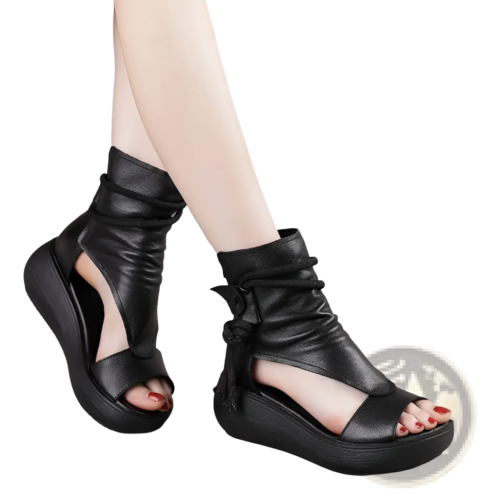 Black leather platform wedge sandals with peep toe, tied ankle strap, and tassel detail