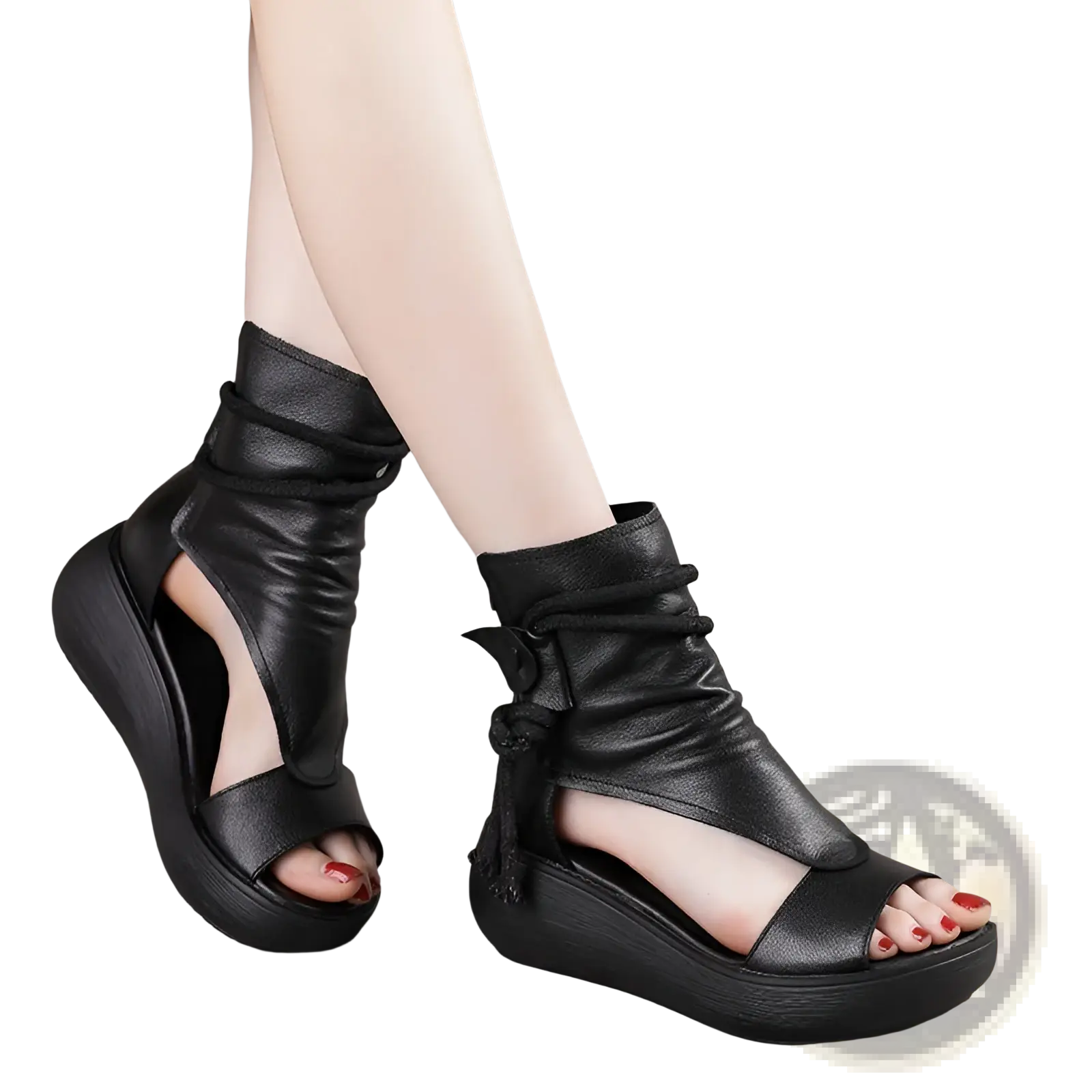 Black leather platform wedge sandals with peep toe, tied ankle strap, and tassel detail