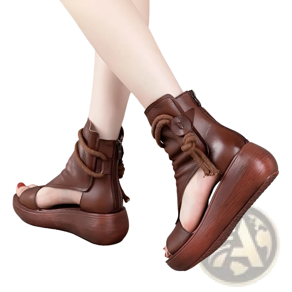Brown leather platform wedge sandals with thick sole and decorative braided cord detailing peep toe design