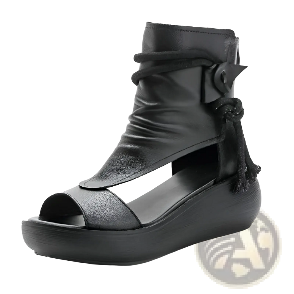 Black leather platform wedge sandals with peep toe and decorative knot and tassel on ankle strap