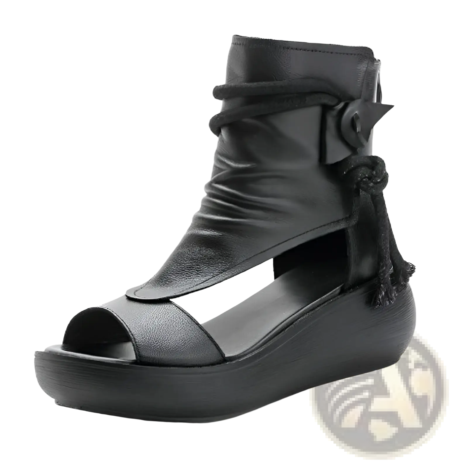 Black leather platform wedge sandals with peep toe and decorative knot and tassel on ankle strap