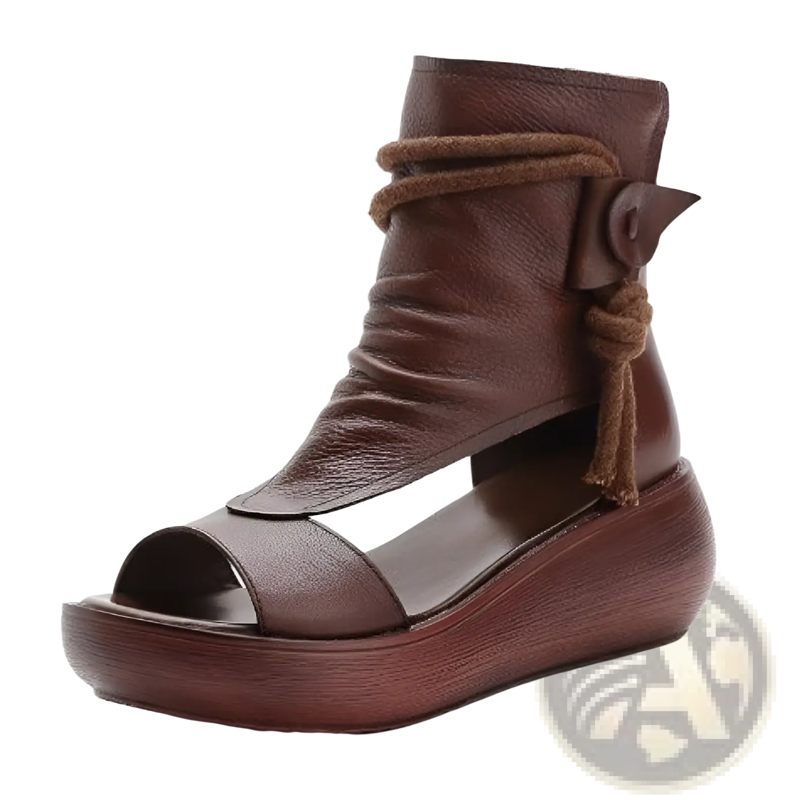 Brown leather ankle bootie with platform wedge sole and woven rope detail from platform wedge sandals peep toe leather shoes collection