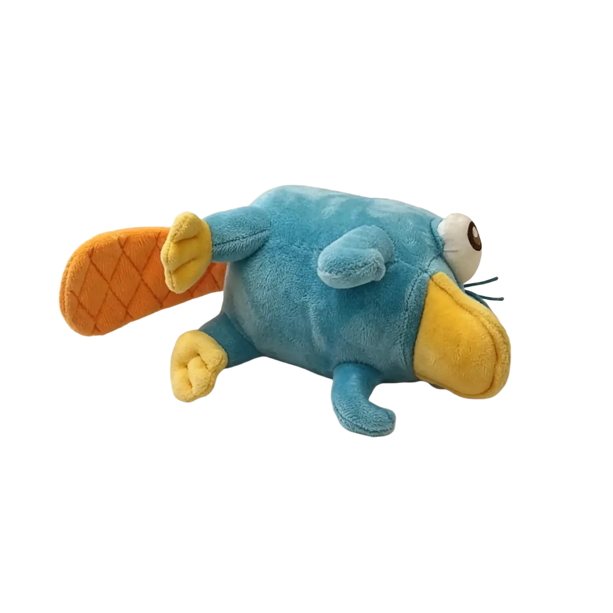Blue plush platypus toy with yellow beak, feet, and tail soft plush stuffed animal for cuddling and play