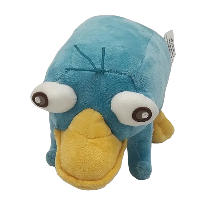 Platypus plush toy soft stuffed animal in soft blue plush with yellow beak and stitched white eye details