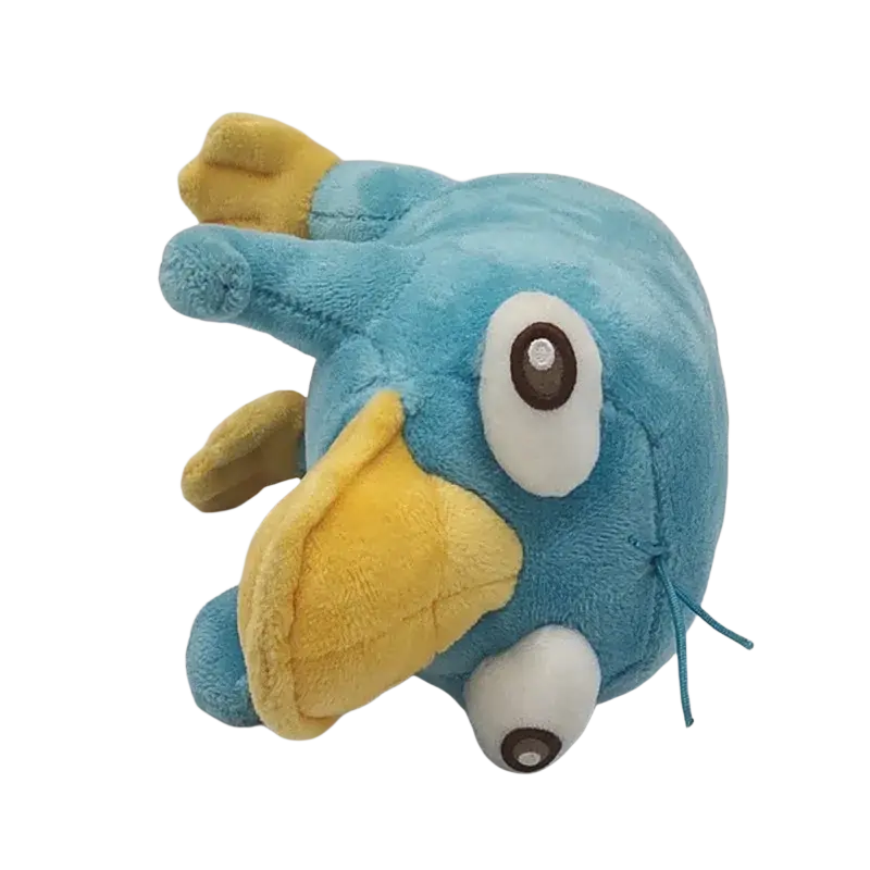 Blue platypus plush toy with soft plush fabric, yellow beak and feet, large white eyes with brown pupils