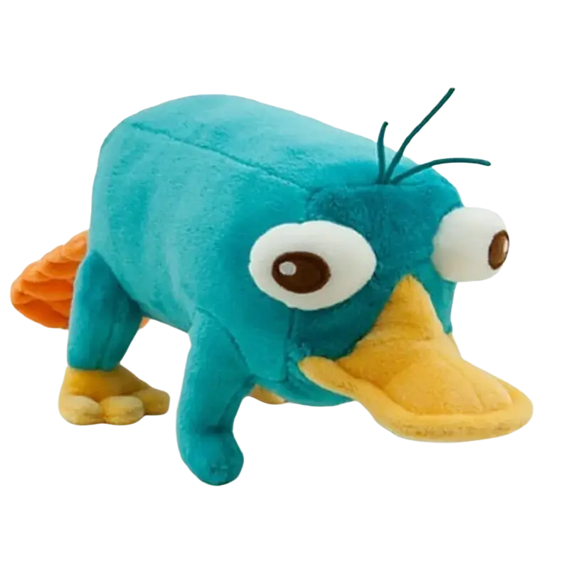 Teal soft plush platypus plush toy with large white eyes yellow beak feet and orange tail for kids and collectors