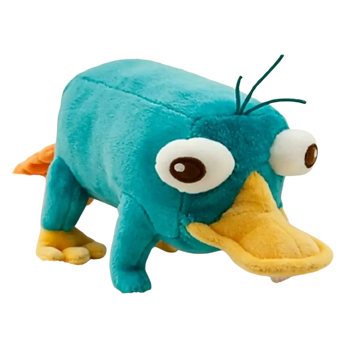 A soft plush turquoise platypus plush toy with a yellow bill, feet, large eyes, and green head tufts