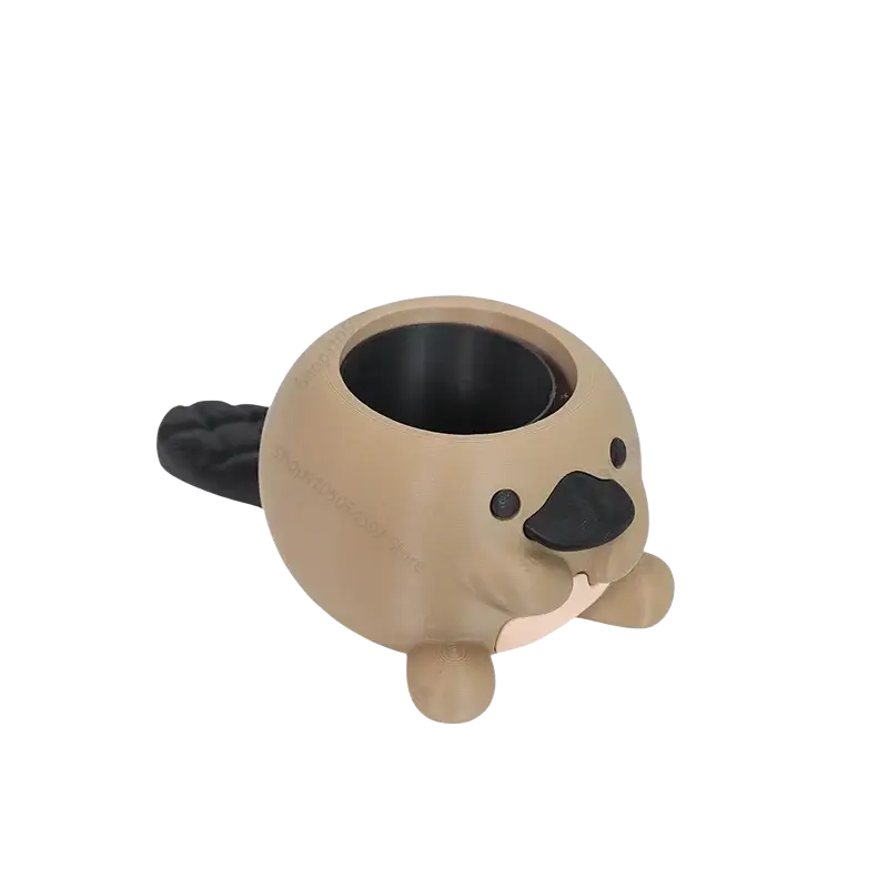 Cute beige beaver-shaped plastic platypus succulent planter with black nose eyes and tail for desk use