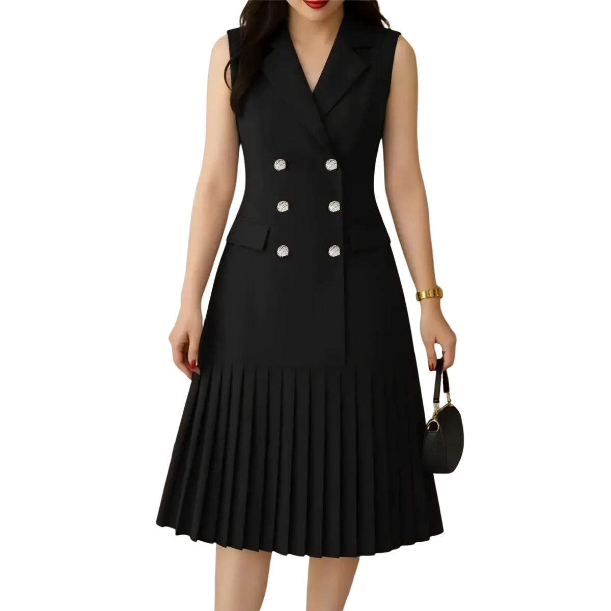 Black sleeveless double-breasted pleated blazer midi dress with silver buttons for office wear