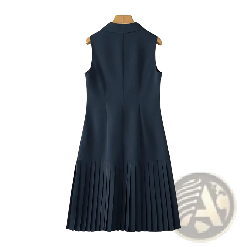 Navy blue sleeveless pleated blazer midi dress with collar and back seam detail ideal for office wear shown from back