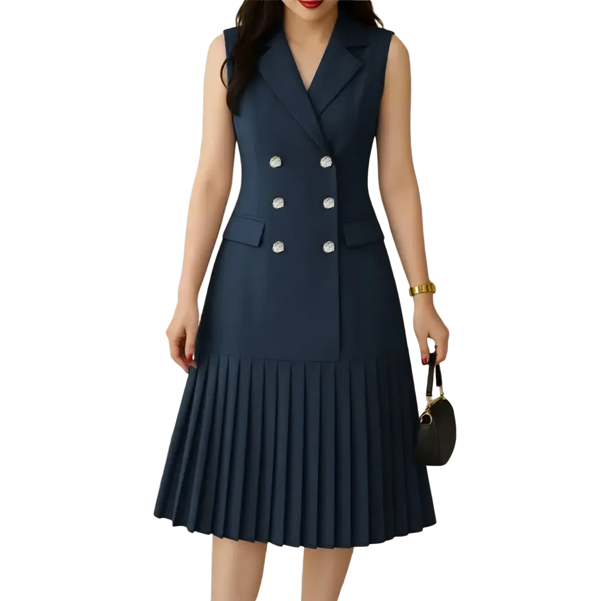 Navy blue sleeveless pleated blazer midi dress with silver buttons suitable for office wear