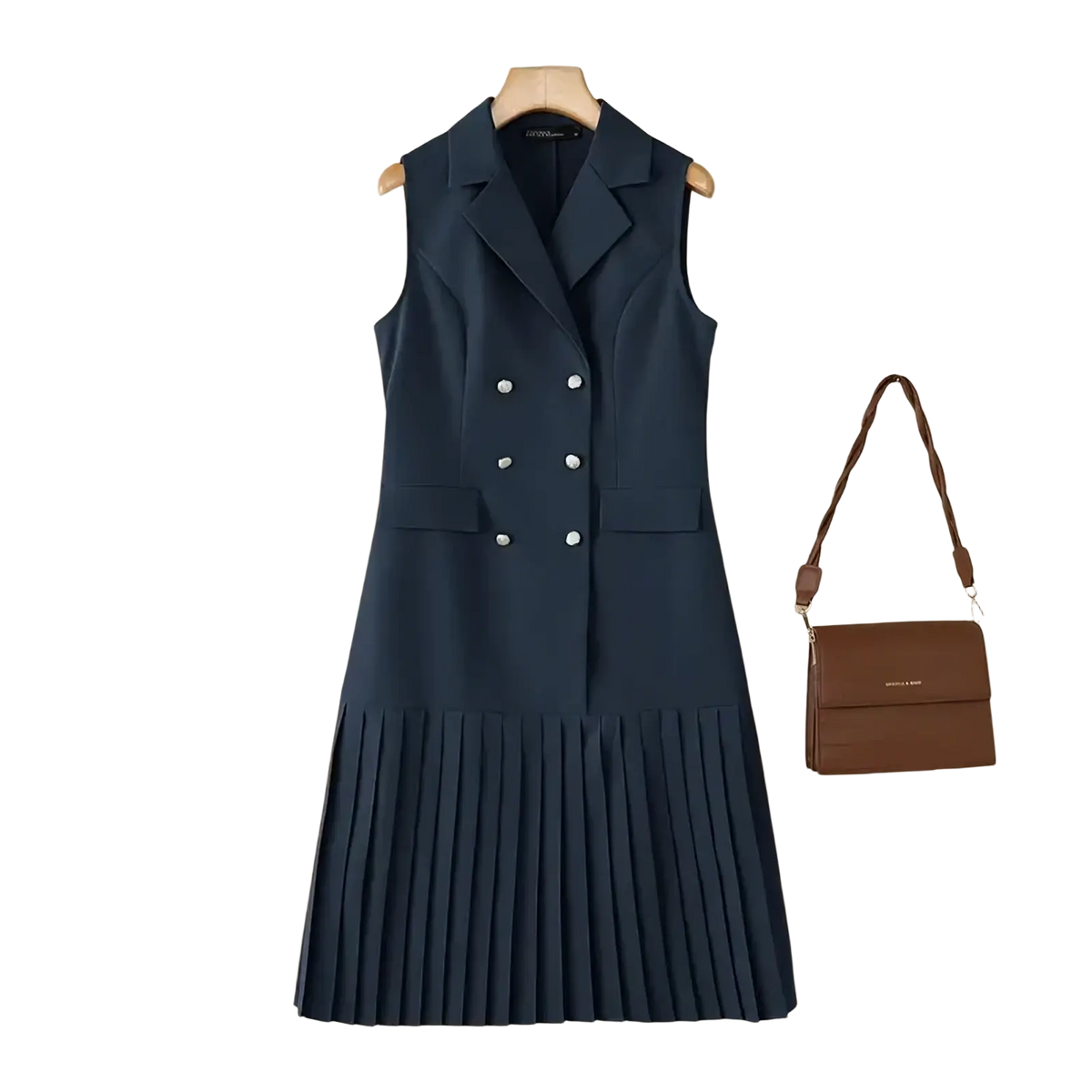Navy blue sleeveless double-breasted pleated blazer midi dress with white buttons for office wear