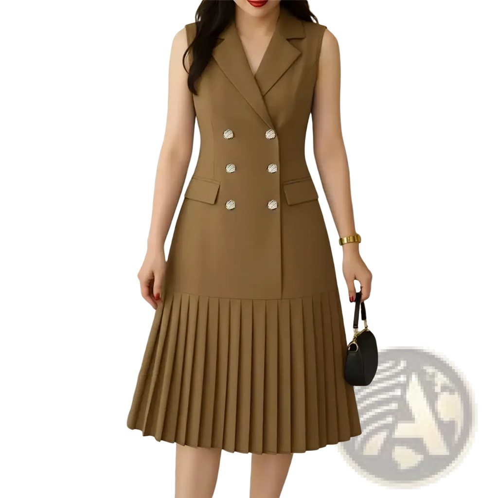 A tan sleeveless double-breasted pleated blazer midi dress with silver buttons suitable for office wear