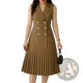 A tan sleeveless double-breasted pleated blazer midi dress with silver buttons suitable for office wear