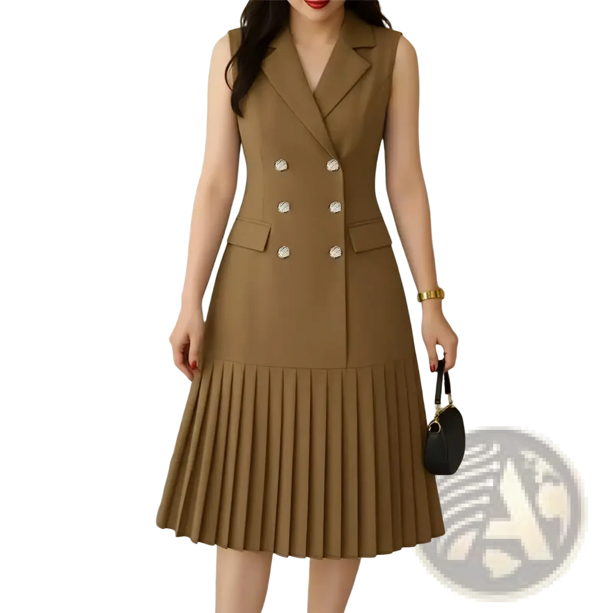 A tan sleeveless double-breasted pleated blazer midi dress with silver buttons suitable for office wear