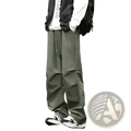 Olive green pleated cargo hiking pants for men and women with drawstring waist and multiple pockets
