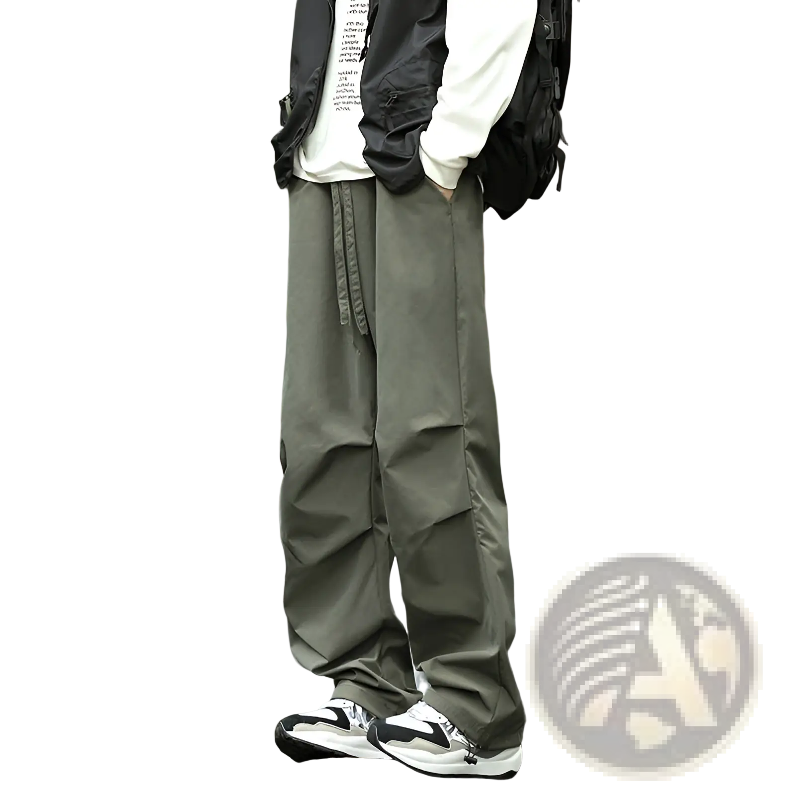 Olive green pleated cargo hiking pants for men and women with drawstring waist and multiple pockets