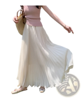 A cream-colored pleated chiffon maxi skirt with a high waist and lightweight fabric for casual wear