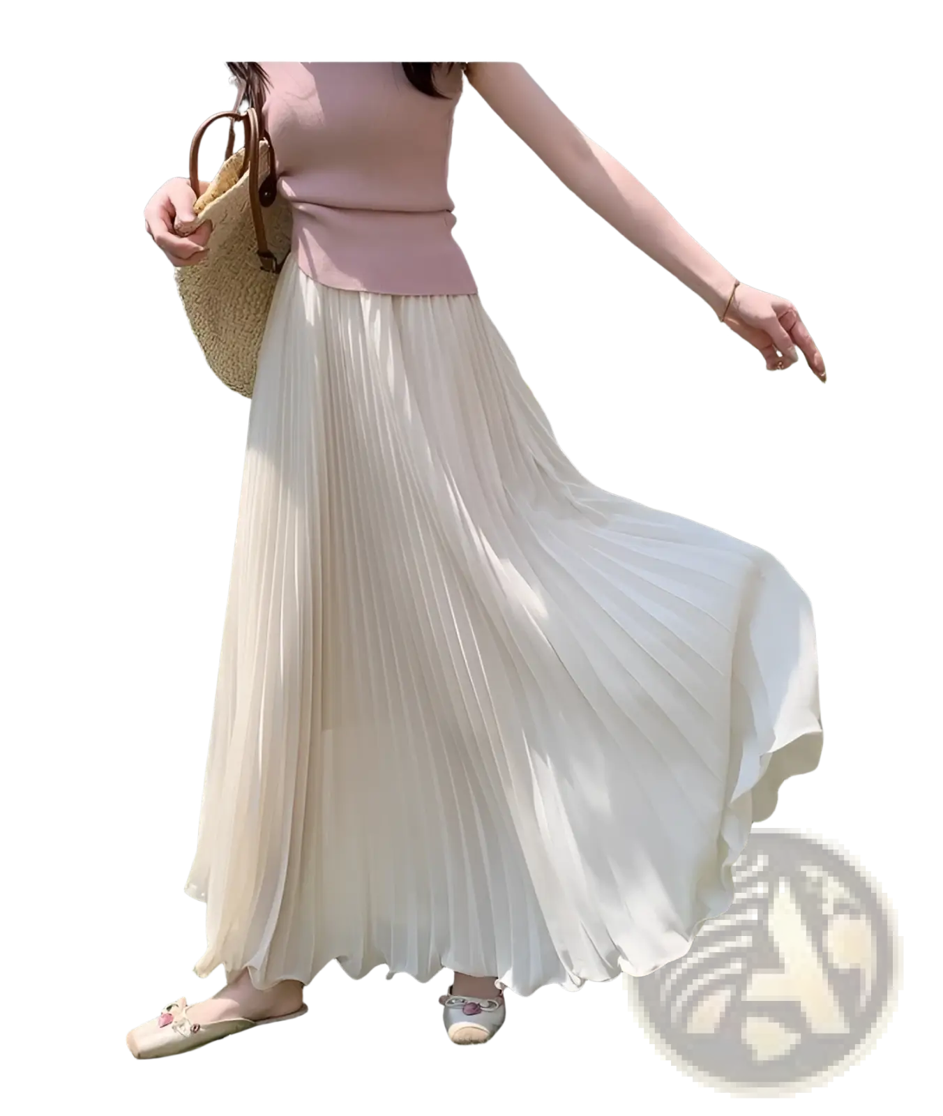 A cream-colored pleated chiffon maxi skirt with a high waist and lightweight fabric for casual wear