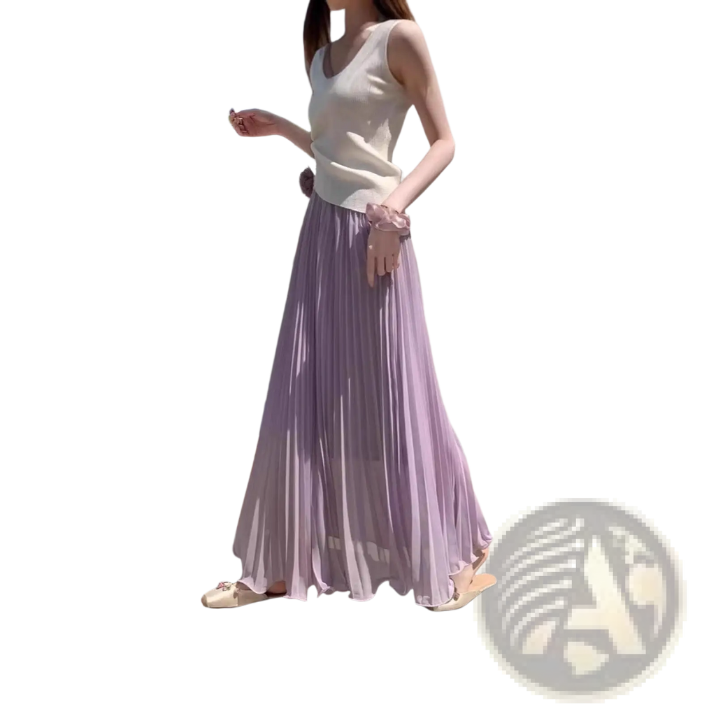 Flowing lavender pleated chiffon maxi skirt with lightweight sheer fabric high waisted for casual wear