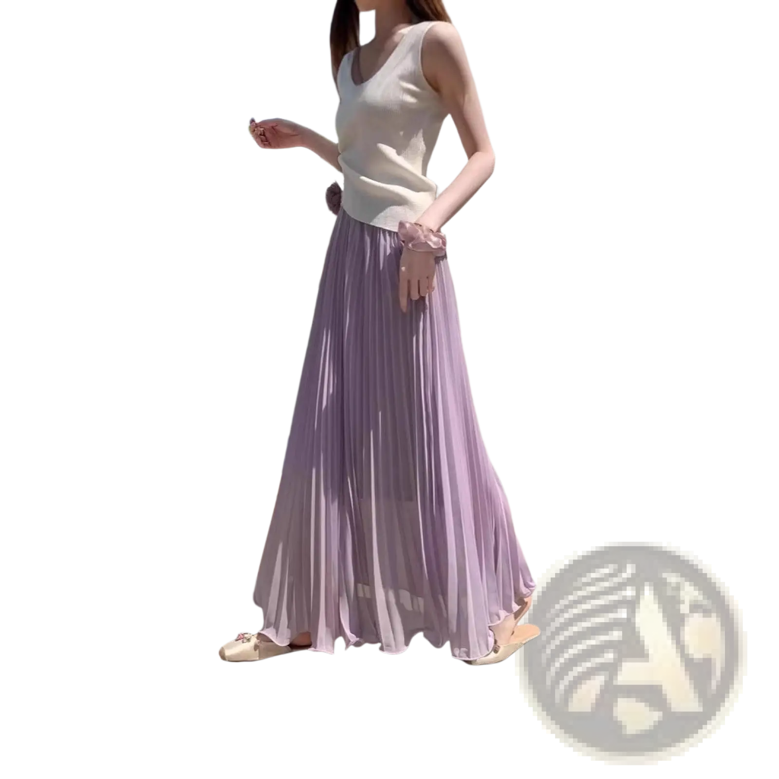 Flowing lavender pleated chiffon maxi skirt with lightweight sheer fabric high waisted for casual wear