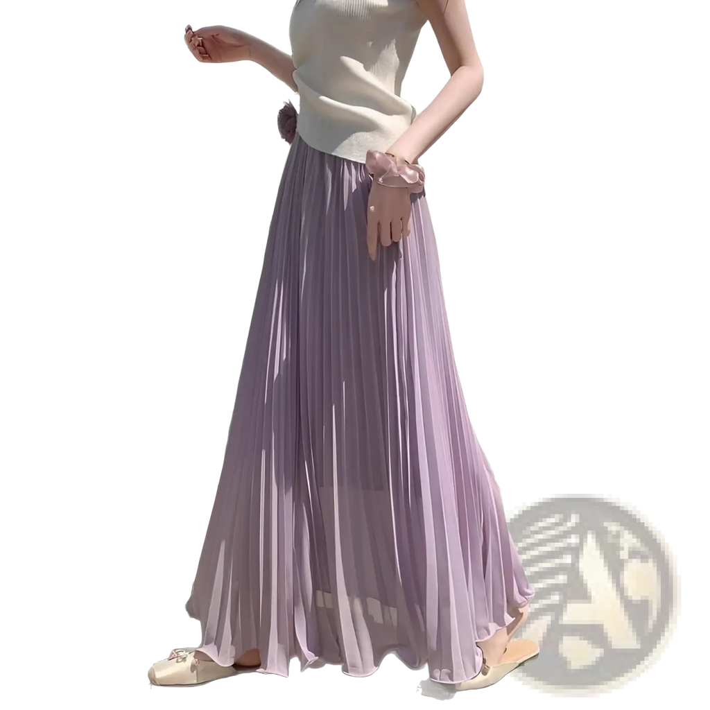 A flowing lavender pleated chiffon maxi skirt with high waist and delicate ruffled hem for casual wear
