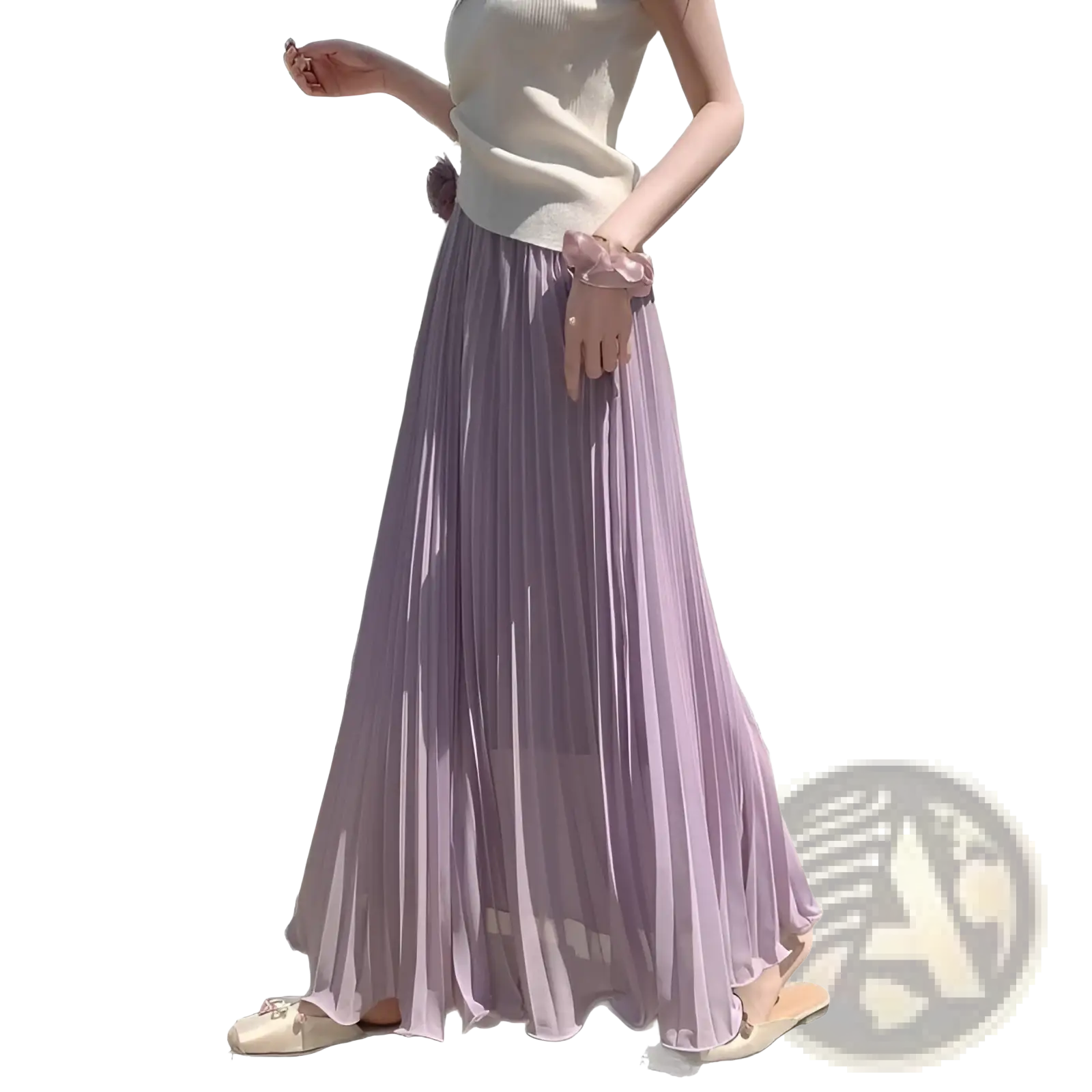 A flowing lavender pleated chiffon maxi skirt with high waist and delicate ruffled hem for casual wear