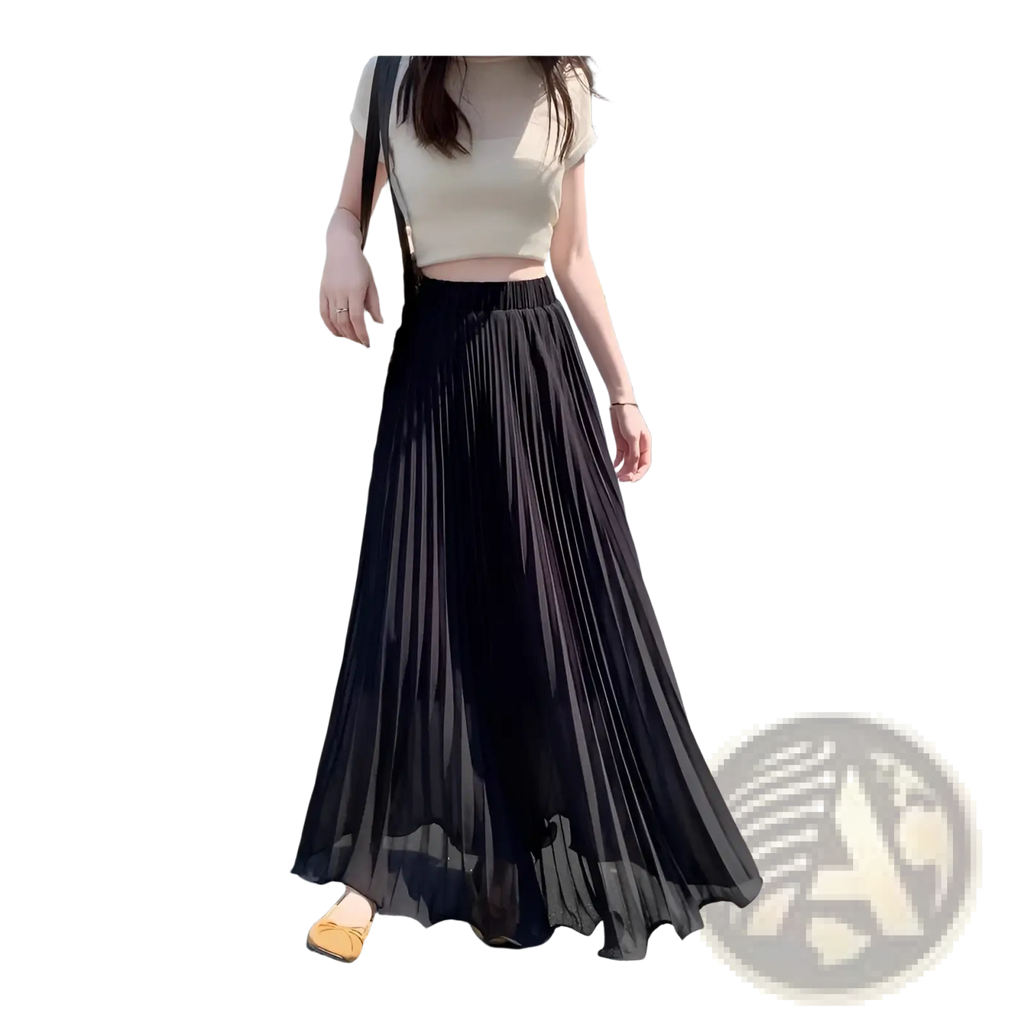 Black pleated chiffon maxi skirt with a flowing sheer fabric and elastic waistband for high waisted casual wear