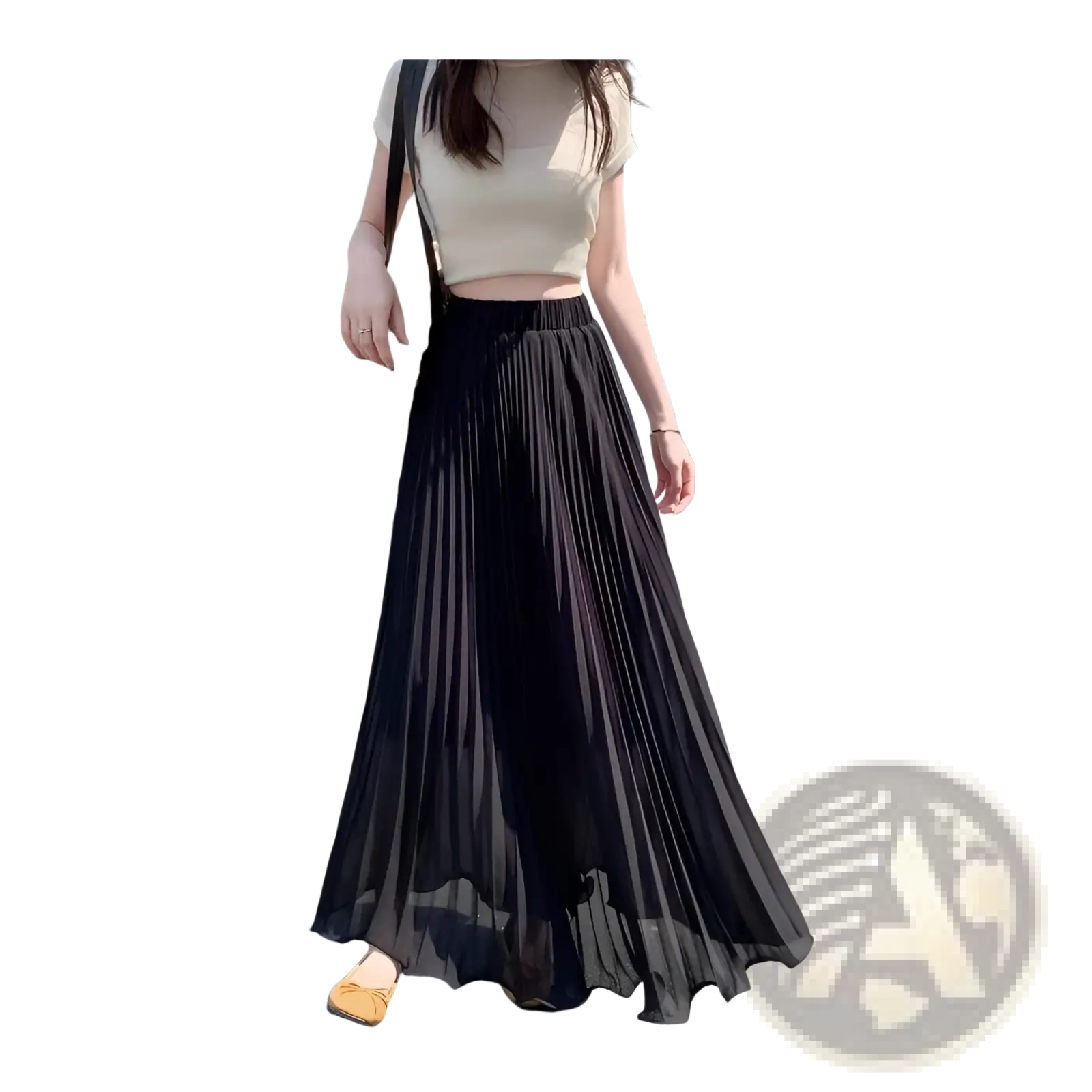 Black pleated chiffon maxi skirt with a flowing sheer fabric and elastic waistband for high waisted casual wear