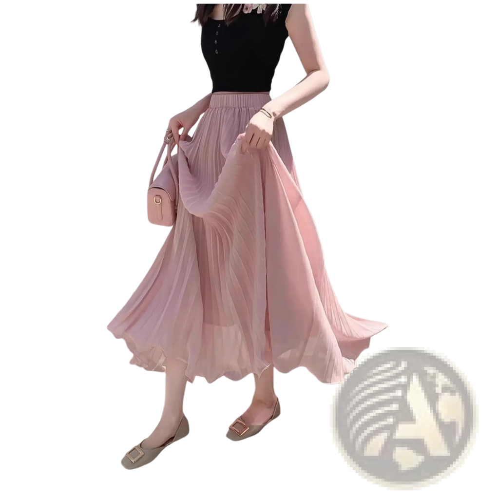 A flowing light pink pleated chiffon midi skirt with high waist for casual wear