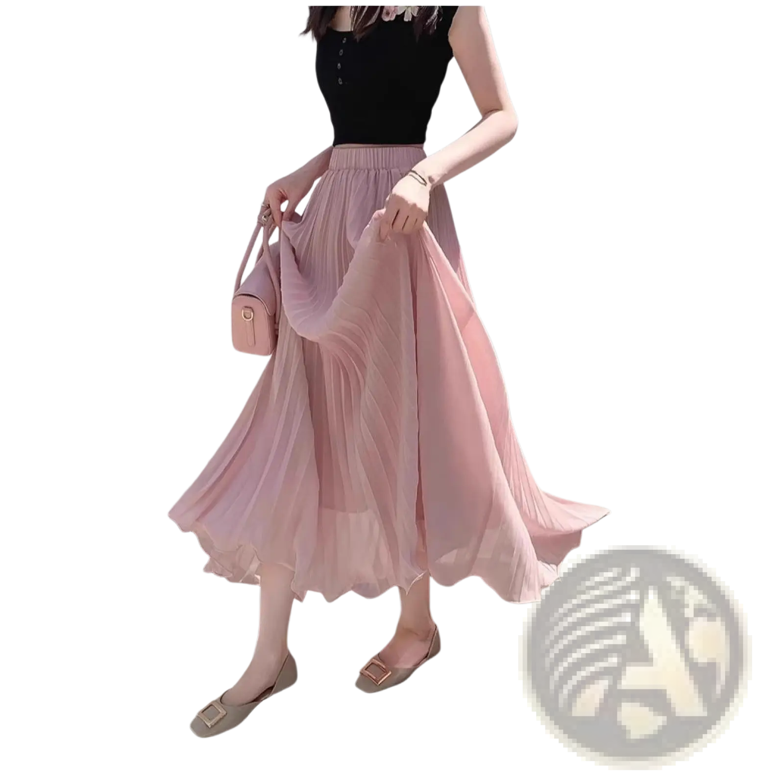 A flowing light pink pleated chiffon midi skirt with high waist for casual wear