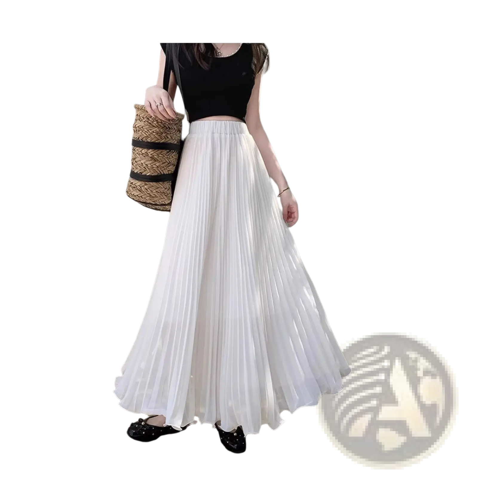 White pleated chiffon maxi skirt with lightweight flowing fabric and elastic waistband for high waisted casual wear