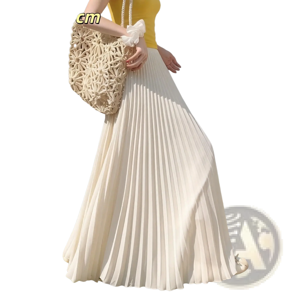 A flowing white pleated chiffon maxi skirt for women made of soft lightweight fabric that drapes elegantly
