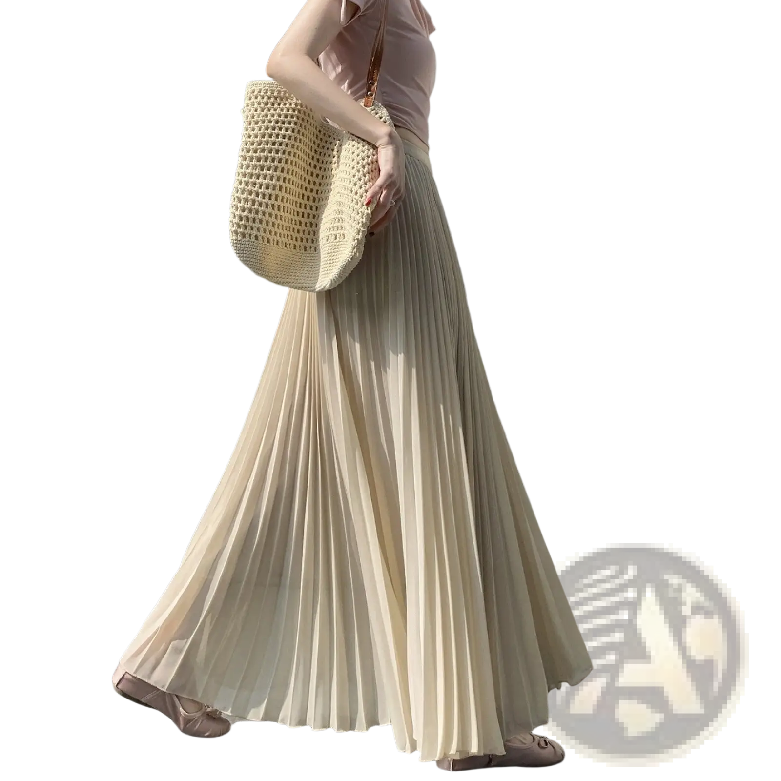 Beige pleated chiffon maxi skirt for women featuring lightweight fabric and subtle vertical folds for elegant flow