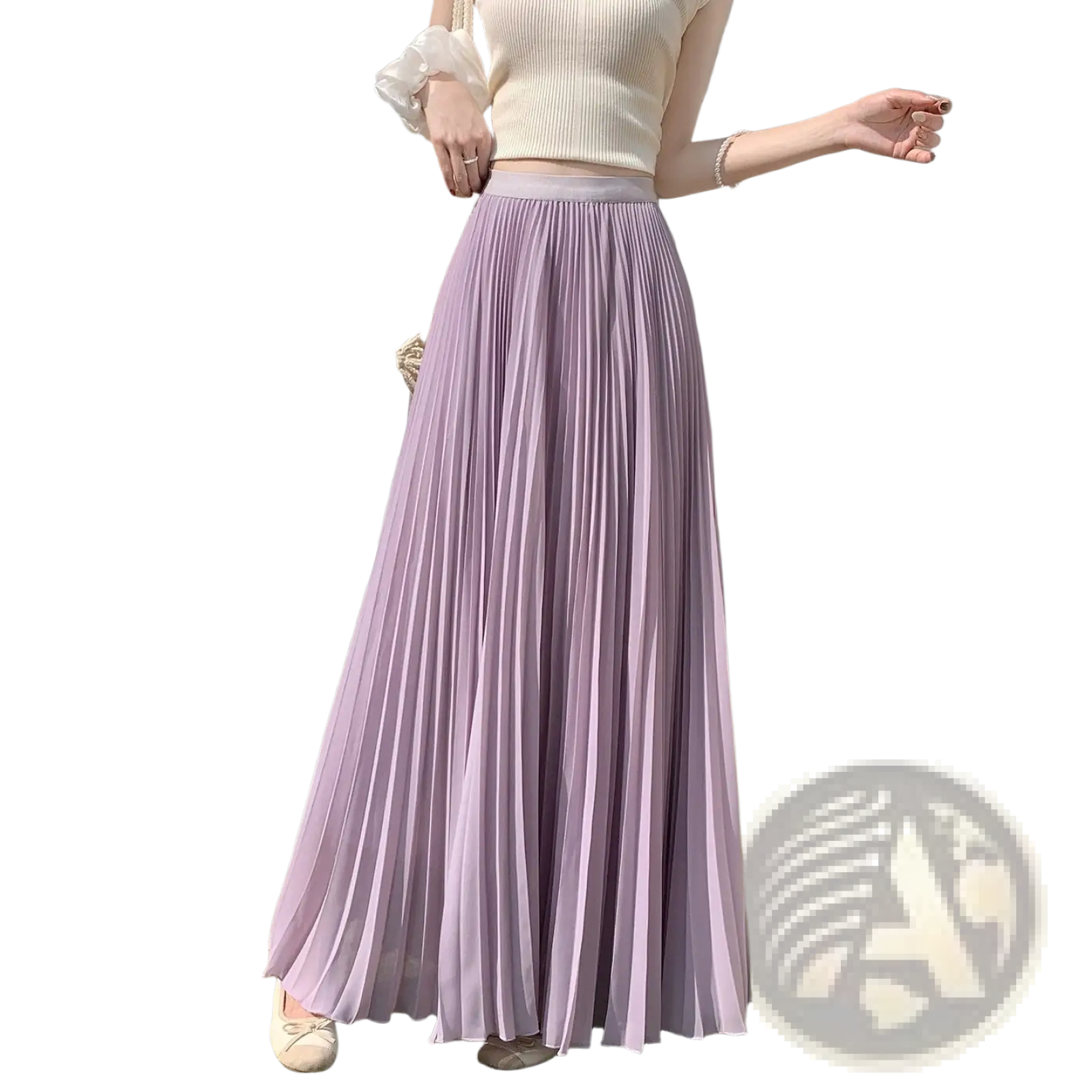 A flowing lavender pleated chiffon maxi skirt for women with soft lightweight fabric and a high waistband