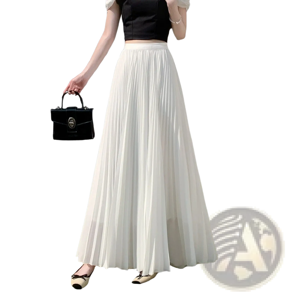 A flowing white pleated chiffon maxi skirt for women made of lightweight sheer fabric