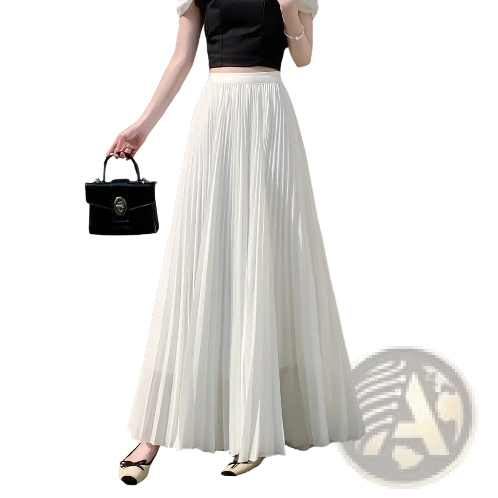 A flowing white pleated chiffon maxi skirt for women made of lightweight sheer fabric