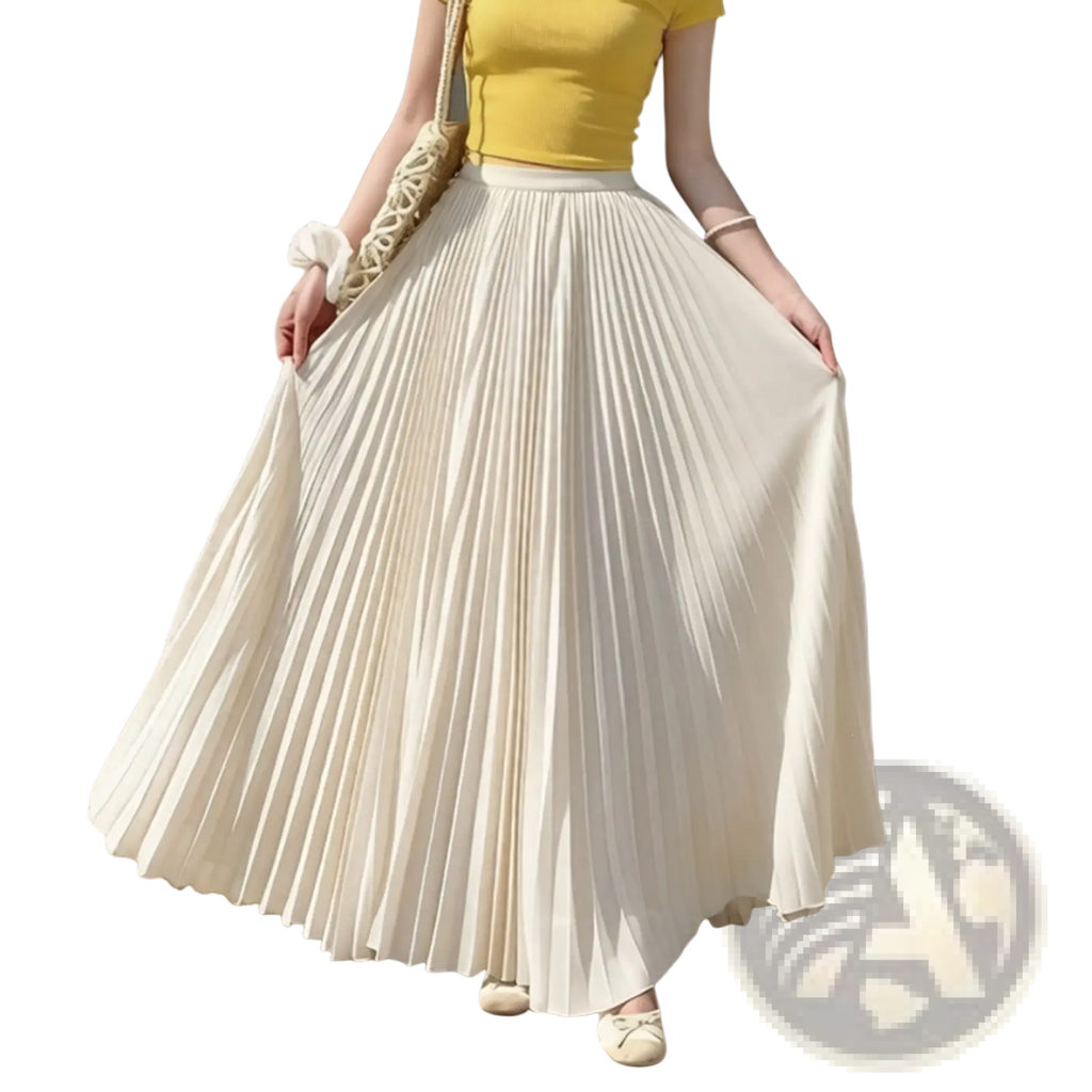 Pleated chiffon maxi skirt for women in off-white with lightweight fabric and elegant draping design