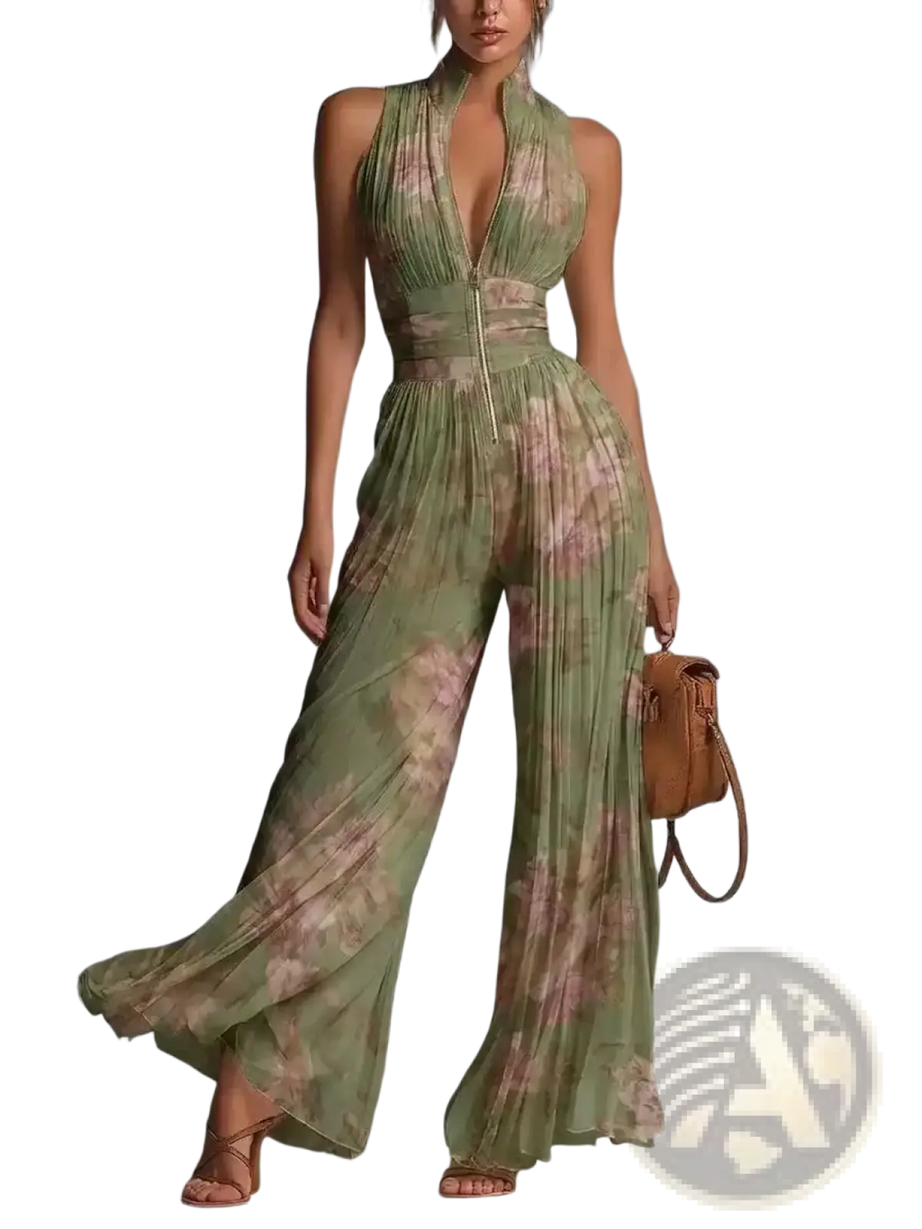 Back view of a flowing green and beige floral print pleated chiffon wide leg jumpsuit with deep v-back zipper detail